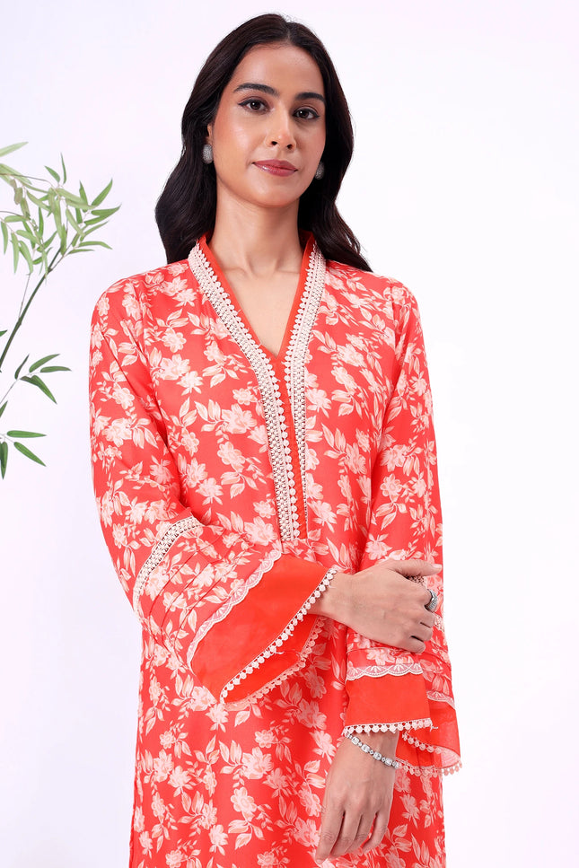 Orange Floral Printed V-Neck Kurta Set with Lace Detailing