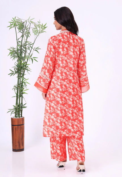 Orange Floral Printed V-Neck Kurta Set with Lace Detailing