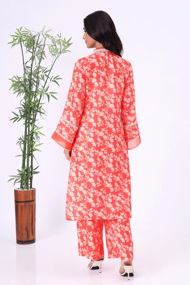 Orange Floral Printed V-Neck Kurta Set with Lace Detailing