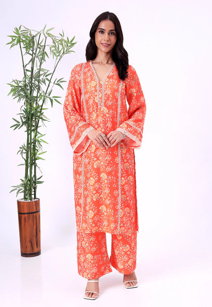 Orange Floral Printed Kurta Set with Lace Details II