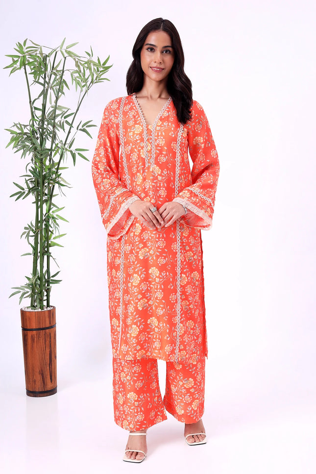 Orange Floral Printed Kurta Set with Lace Details II