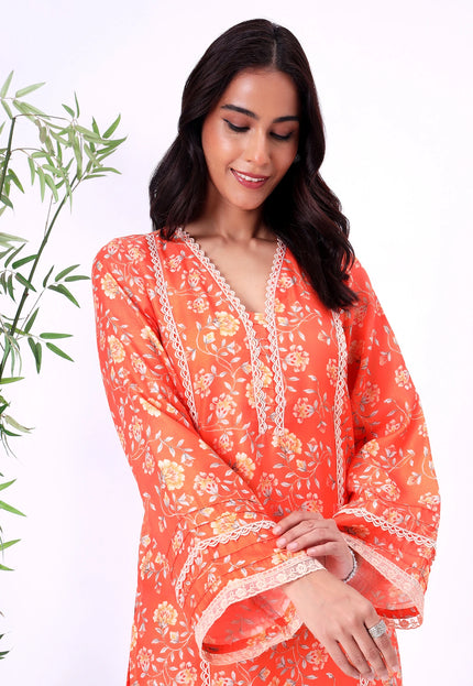 Orange Floral Printed Kurta Set with Lace Details II