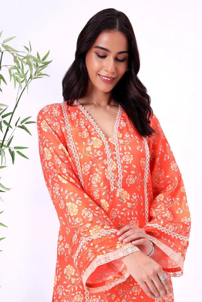 Orange Floral Printed Kurta Set with Lace Details II