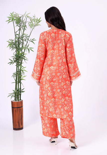 Orange Floral Printed Kurta Set with Lace Details II