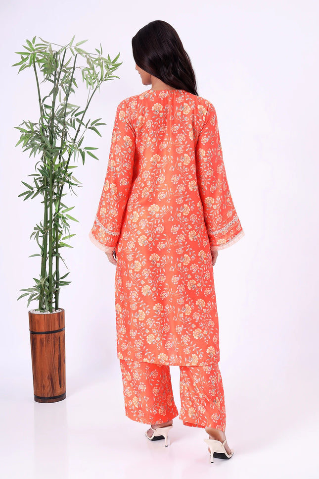 Orange Floral Printed Kurta Set with Lace Details II