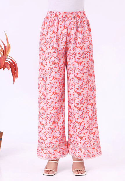Peach Floral Printed Kurta Set with Lace Detailing