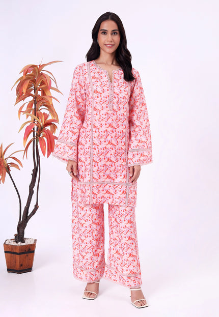 Peach Floral Printed Kurta Set with Lace Detailing