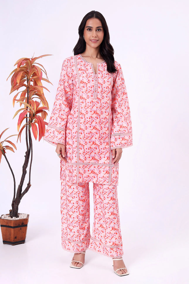 Peach Floral Printed Kurta Set with Lace Detailing