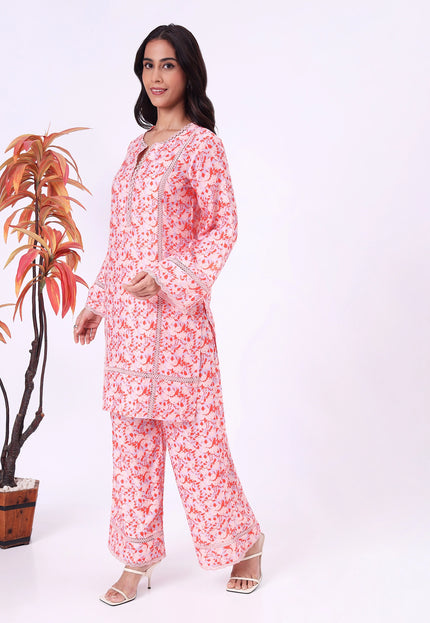 Peach Floral Printed Kurta Set with Lace Detailing