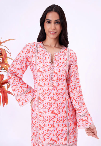 Peach Floral Printed Kurta Set with Lace Detailing