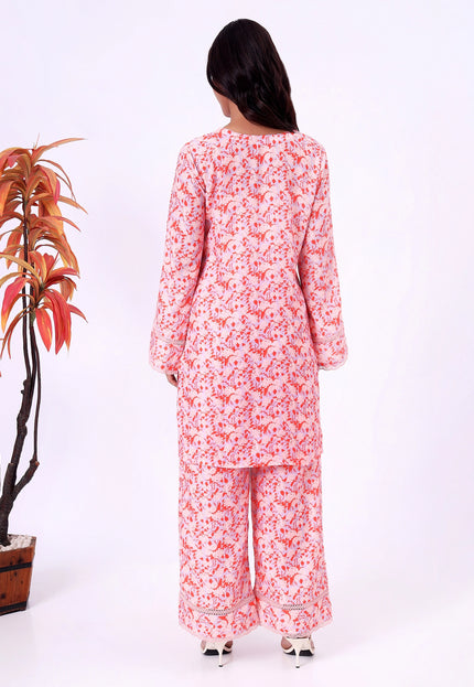 Peach Floral Printed Kurta Set with Lace Detailing