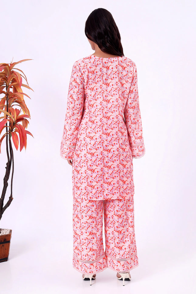 Peach Floral Printed Kurta Set with Lace Detailing