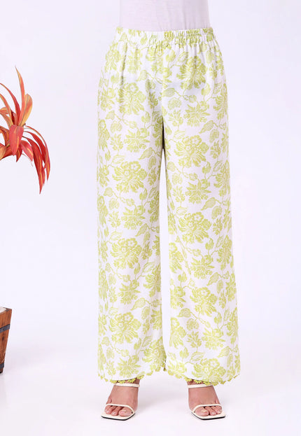 Lime Green Floral Printed Kurta Set with Lace Detailing