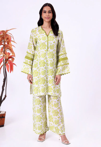 Lime Green Floral Printed Kurta Set with Lace Detailing