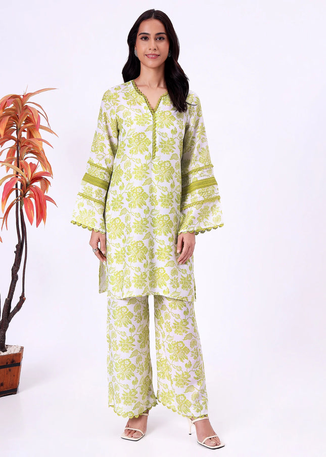 Lime Green Floral Printed Kurta Set with Lace Detailing