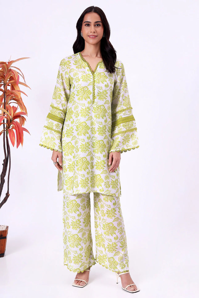 Lime Green Floral Printed Kurta Set with Lace Detailing