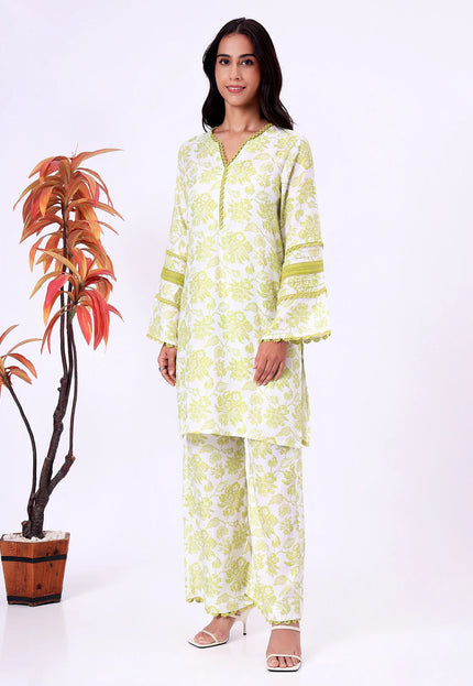 Lime Green Floral Printed Kurta Set with Lace Detailing