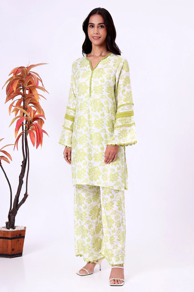 Lime Green Floral Printed Kurta Set with Lace Detailing