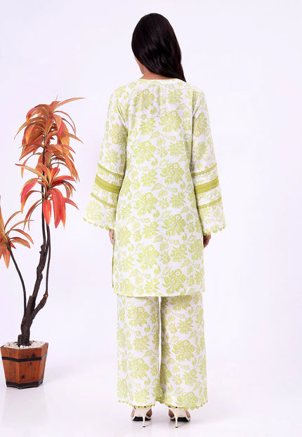 Lime Green Floral Printed Kurta Set with Lace Detailing