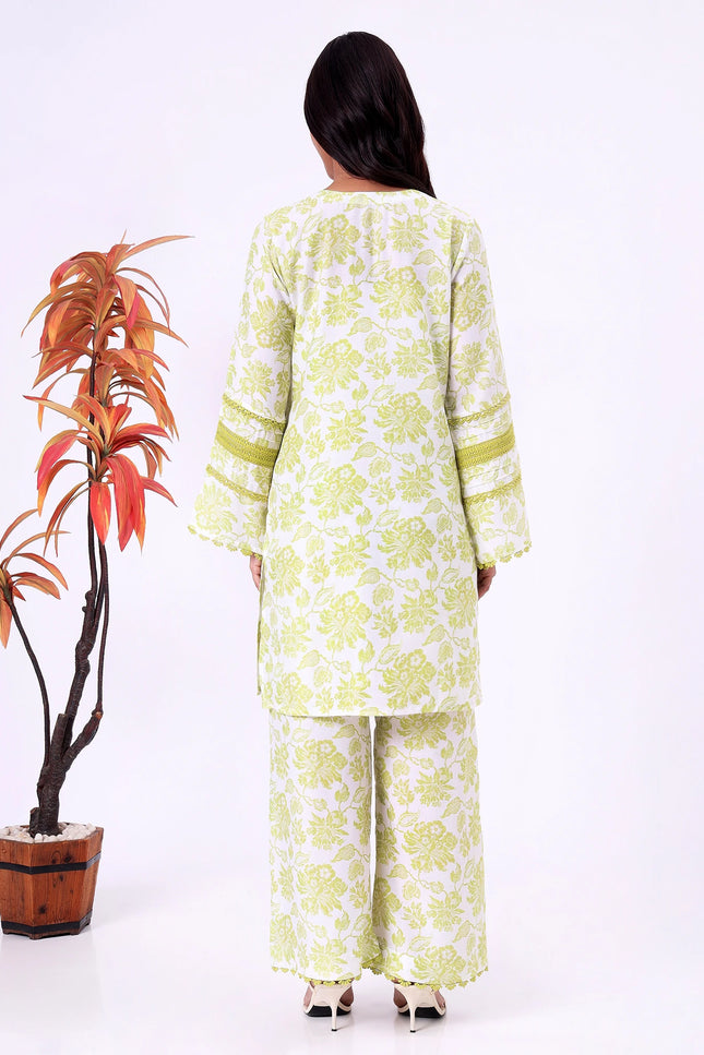 Lime Green Floral Printed Kurta Set with Lace Detailing