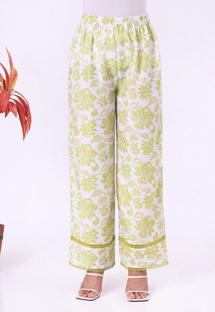 Lime Green Floral Printed  V-Neck Kurta Set with Lace Detailing