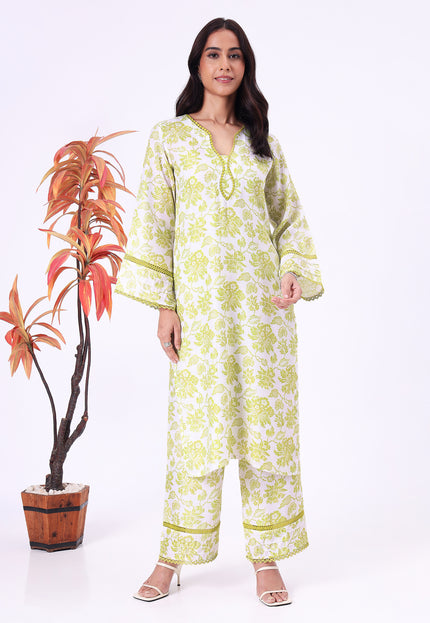 Lime Green Floral Printed  V-Neck Kurta Set with Lace Detailing