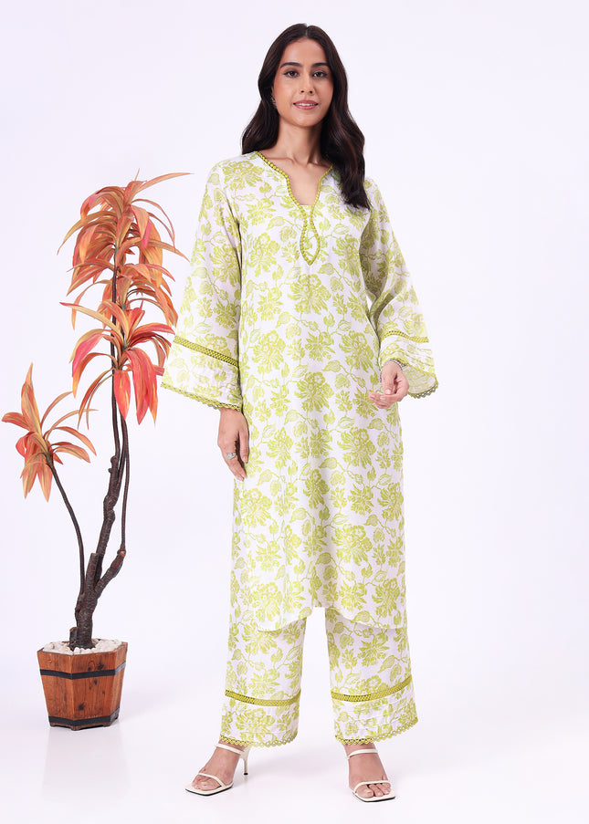 Lime Green Floral Printed  V-Neck Kurta Set with Lace Detailing