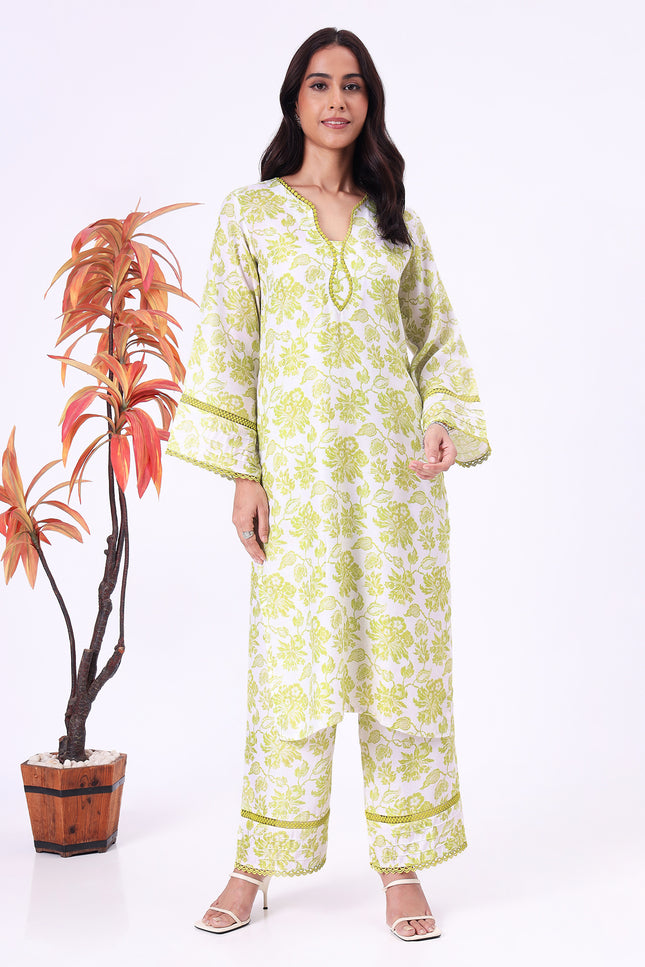 Lime Green Floral Printed  V-Neck Kurta Set with Lace Detailing
