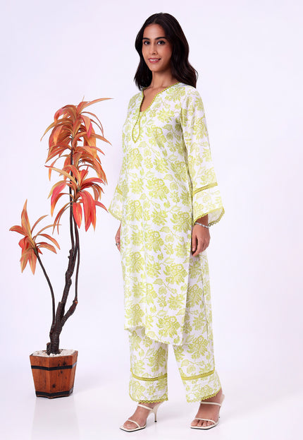 Lime Green Floral Printed  V-Neck Kurta Set with Lace Detailing