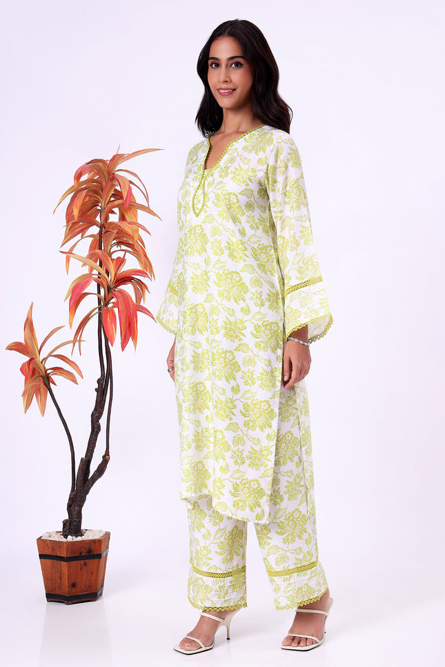 Lime Green Floral Printed  V-Neck Kurta Set with Lace Detailing