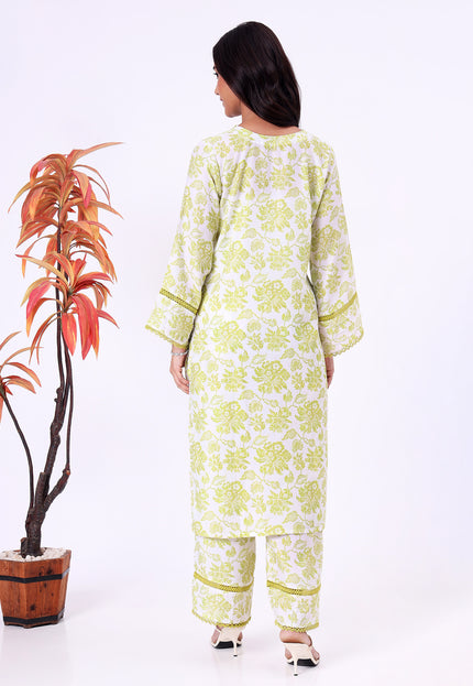 Lime Green Floral Printed  V-Neck Kurta Set with Lace Detailing