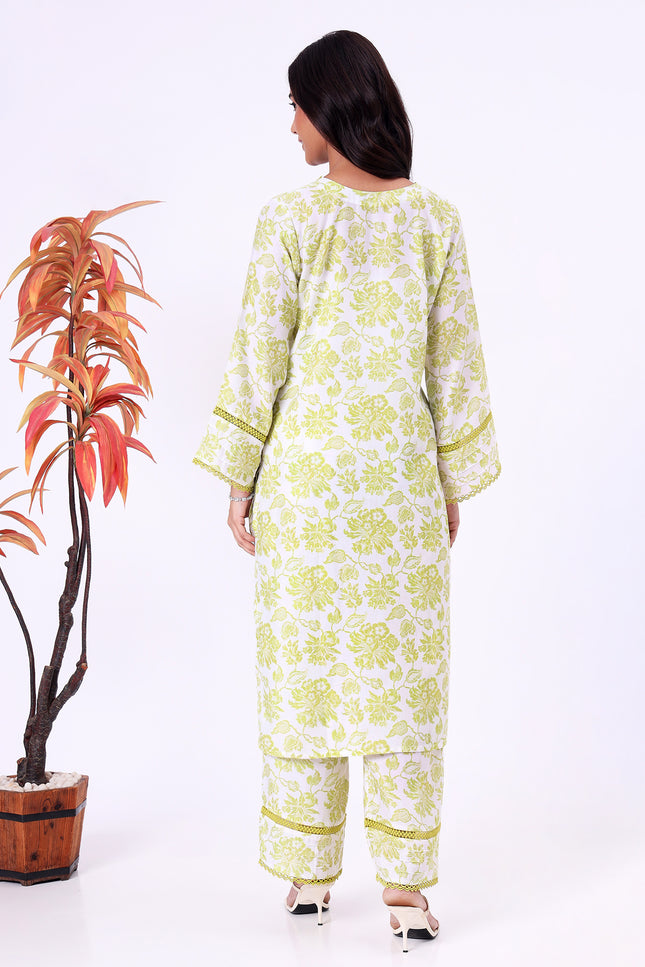 Lime Green Floral Printed  V-Neck Kurta Set with Lace Detailing