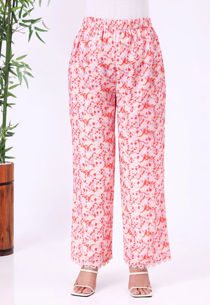 Peach Orange Floral Printed V-Neck Kurta Set with Lace Sleeve Detailing