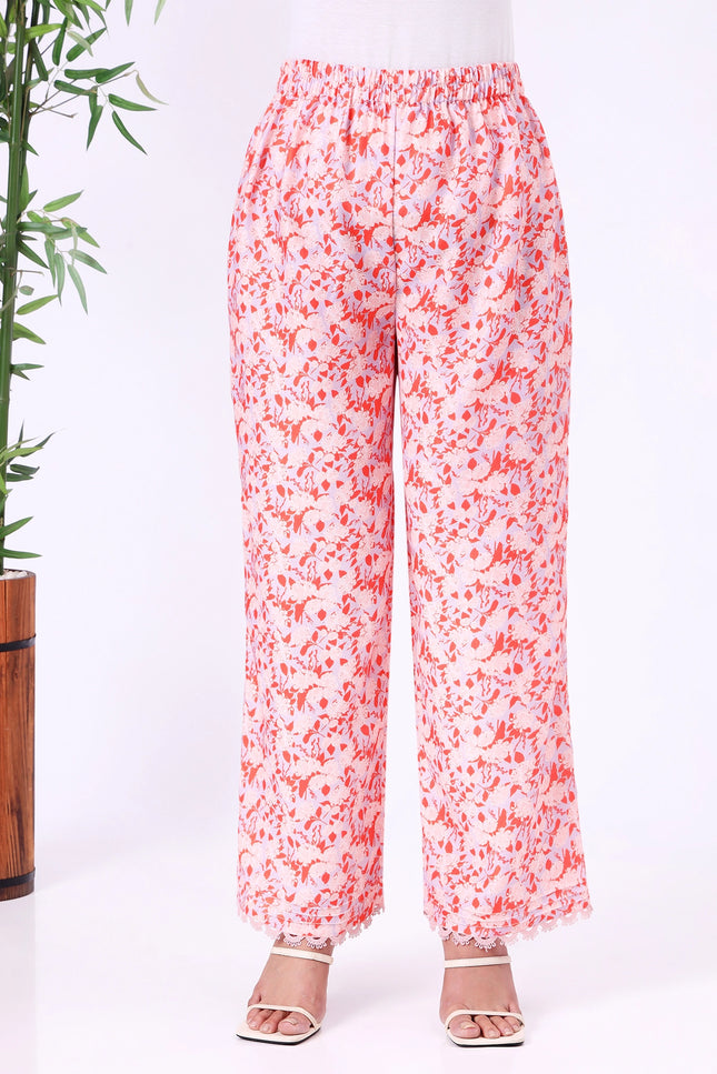 Peach Orange Floral Printed V-Neck Kurta Set with Lace Sleeve Detailing