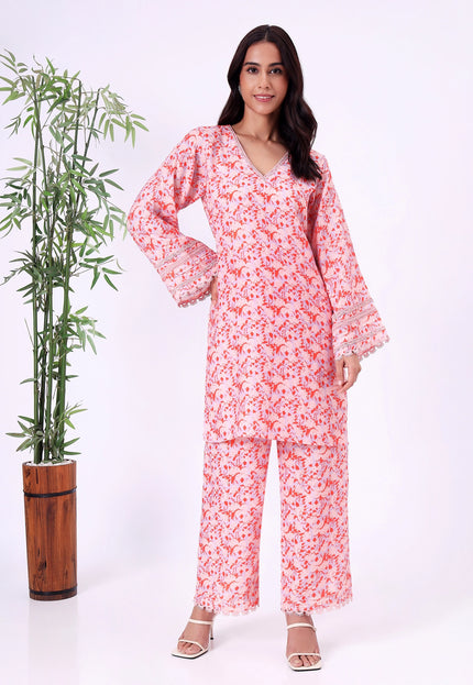 Peach Orange Floral Printed V-Neck Kurta Set with Lace Sleeve Detailing