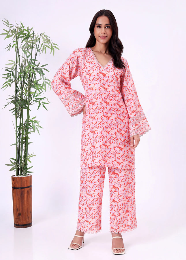 Peach Orange Floral Printed V-Neck Kurta Set with Lace Sleeve Detailing