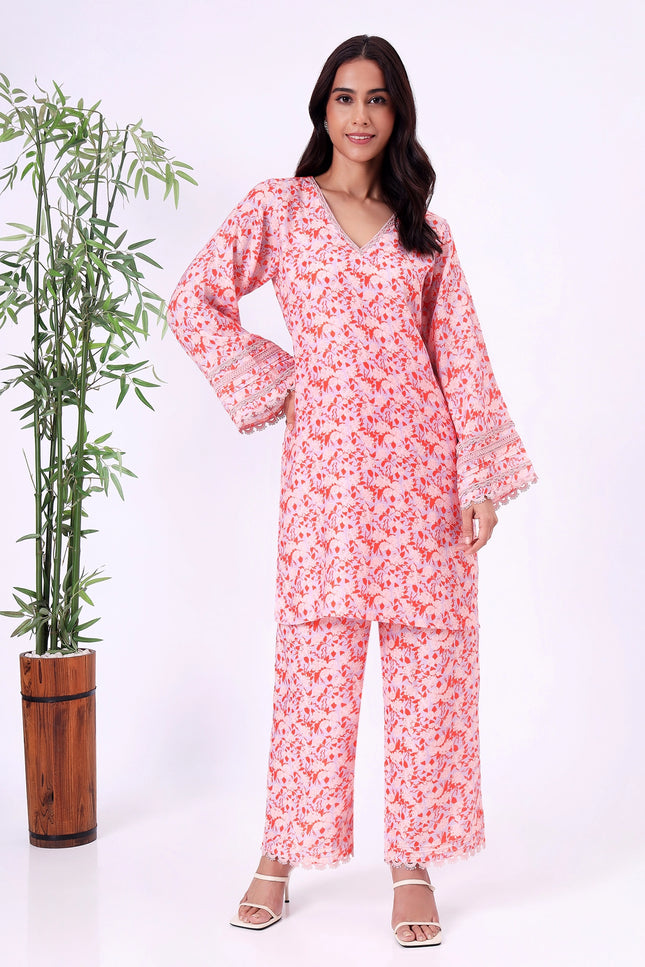 Peach Orange Floral Printed V-Neck Kurta Set with Lace Sleeve Detailing