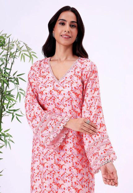 Peach Orange Floral Printed V-Neck Kurta Set with Lace Sleeve Detailing