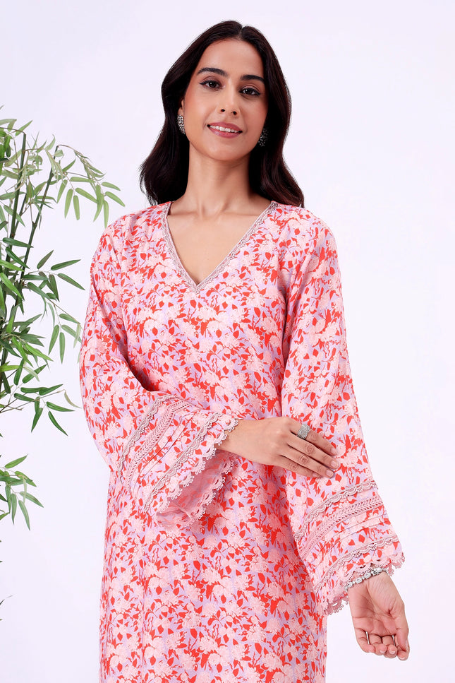 Peach Orange Floral Printed V-Neck Kurta Set with Lace Sleeve Detailing
