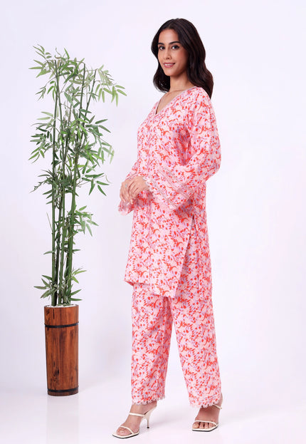 Peach Orange Floral Printed V-Neck Kurta Set with Lace Sleeve Detailing