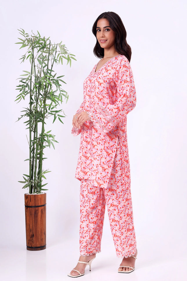 Peach Orange Floral Printed V-Neck Kurta Set with Lace Sleeve Detailing