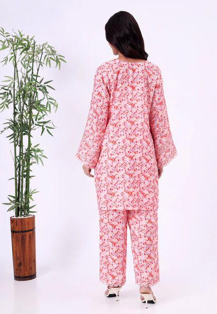 Peach Orange Floral Printed V-Neck Kurta Set with Lace Sleeve Detailing