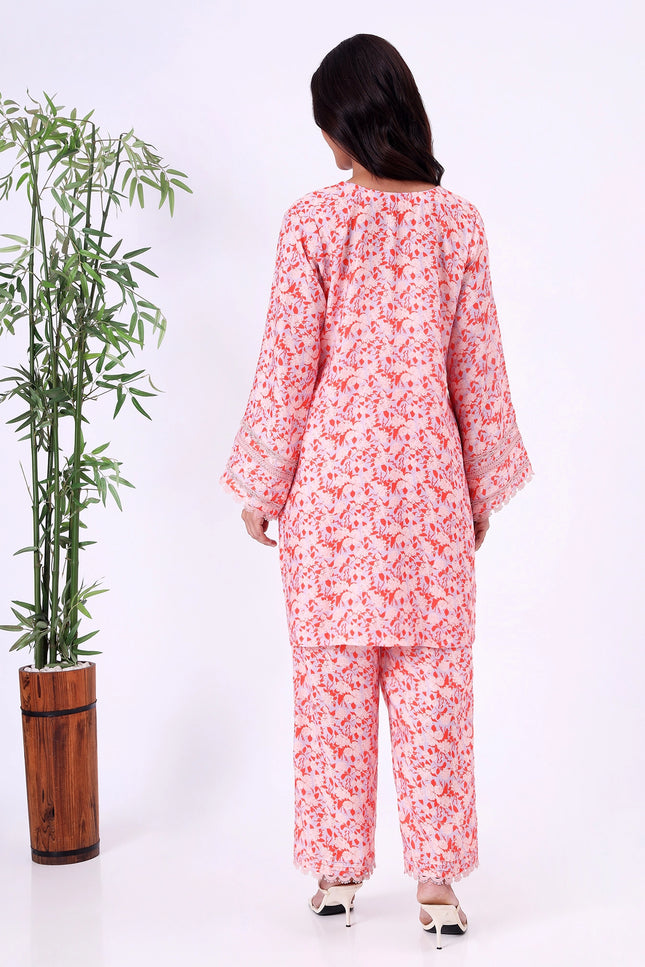 Peach Orange Floral Printed V-Neck Kurta Set with Lace Sleeve Detailing