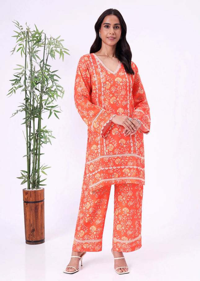 Orange Floral Printed Kurta Set with Straight Pants