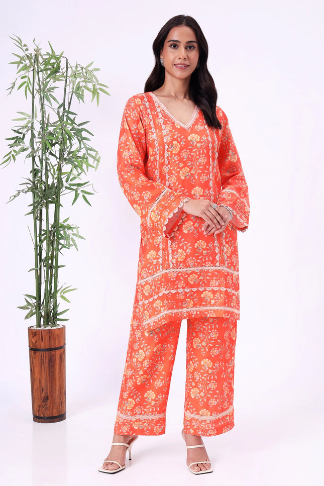 Orange Floral Printed Kurta Set with Straight Pants
