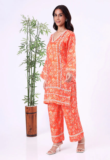 Orange Floral Printed Kurta Set with Straight Pants