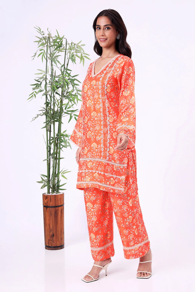 Orange Floral Printed Kurta Set with Straight Pants
