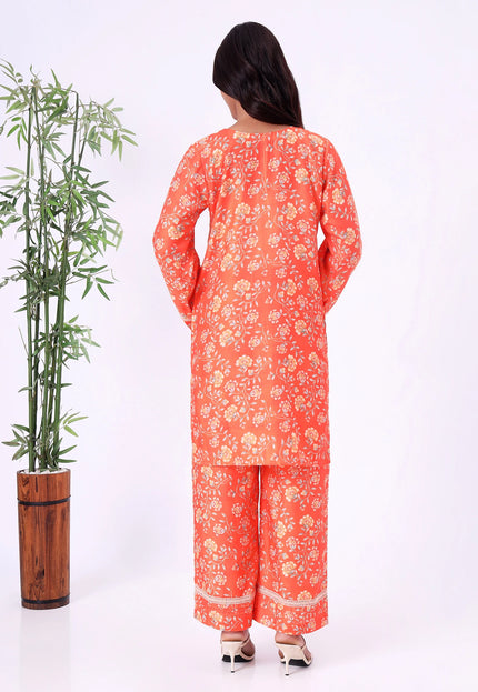 Orange Floral Printed Kurta Set with Straight Pants