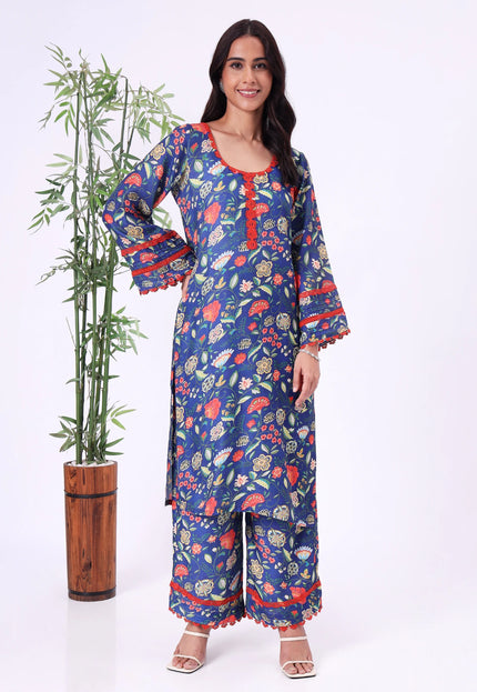 Blue Floral Printed Kurta Set with Contrast Lace Details