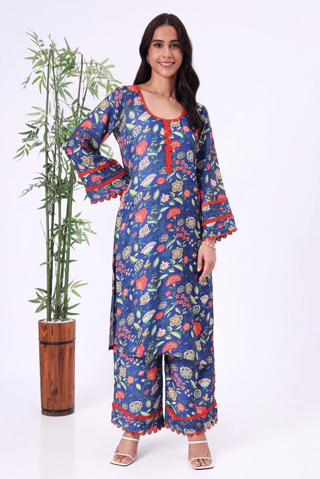Blue Floral Printed Kurta Set with Contrast Lace Details